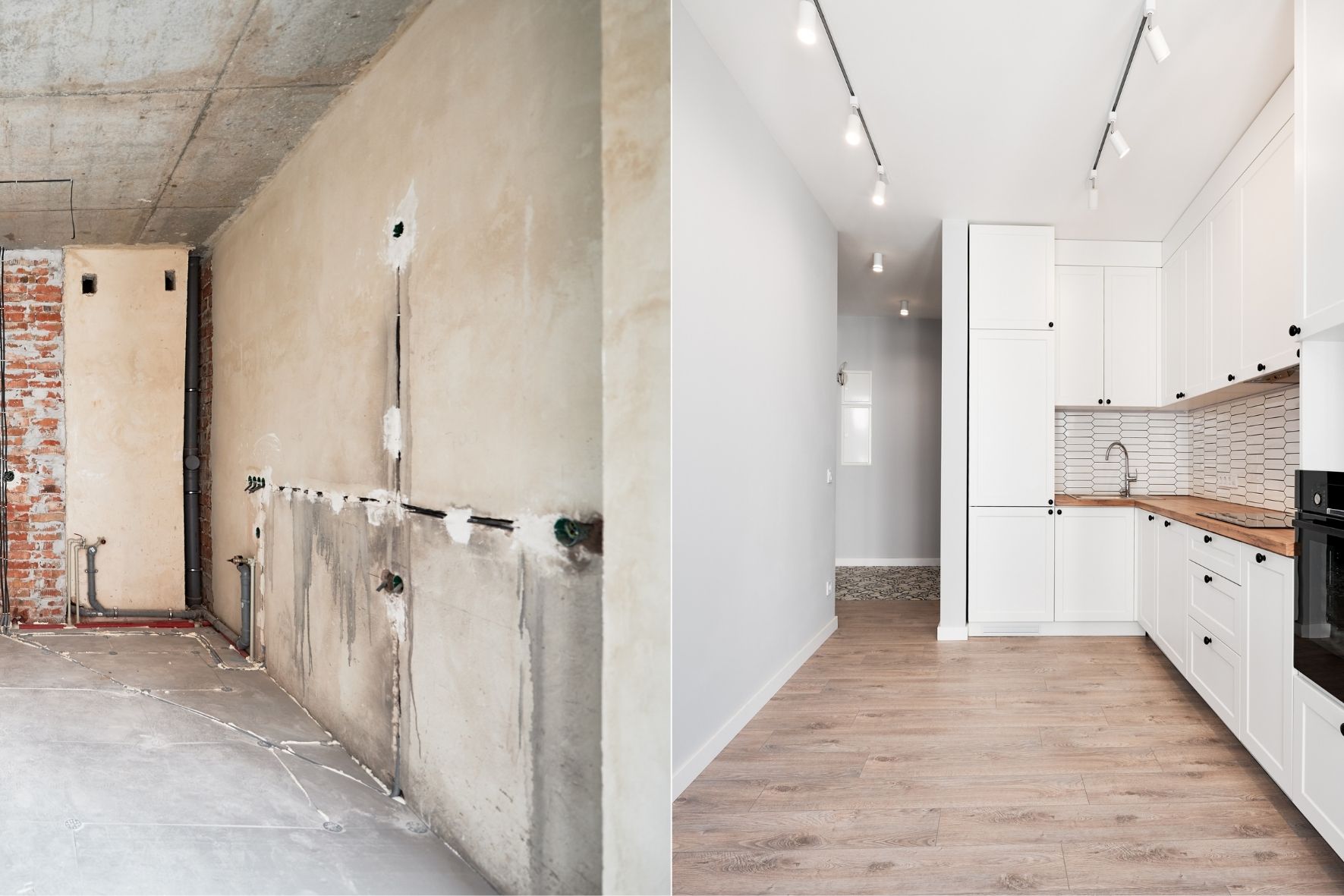 Comparaison visuelle avant et après d’un espace cuisine rénové dans un logement résidentiel  à Edmundston